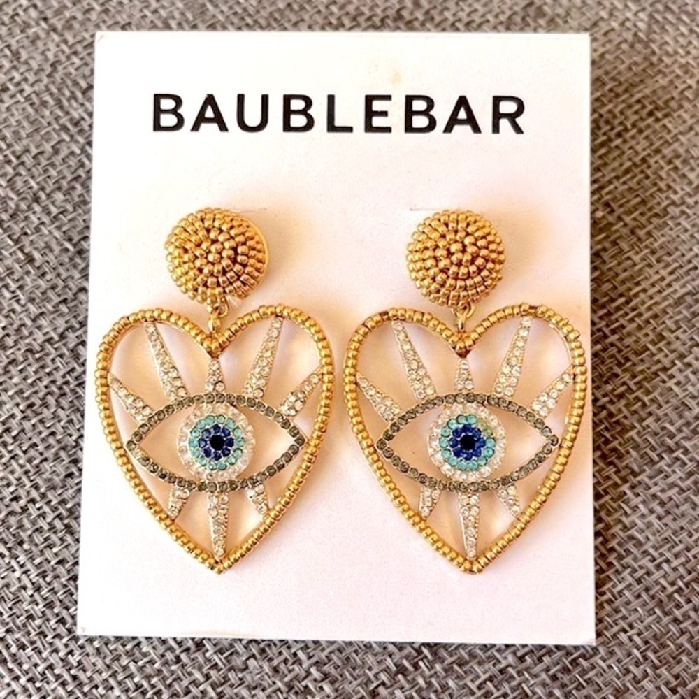 Brand New BaubleBar Evil Eye Heart Gold Tone Beaded Sparkly Drop Earrings